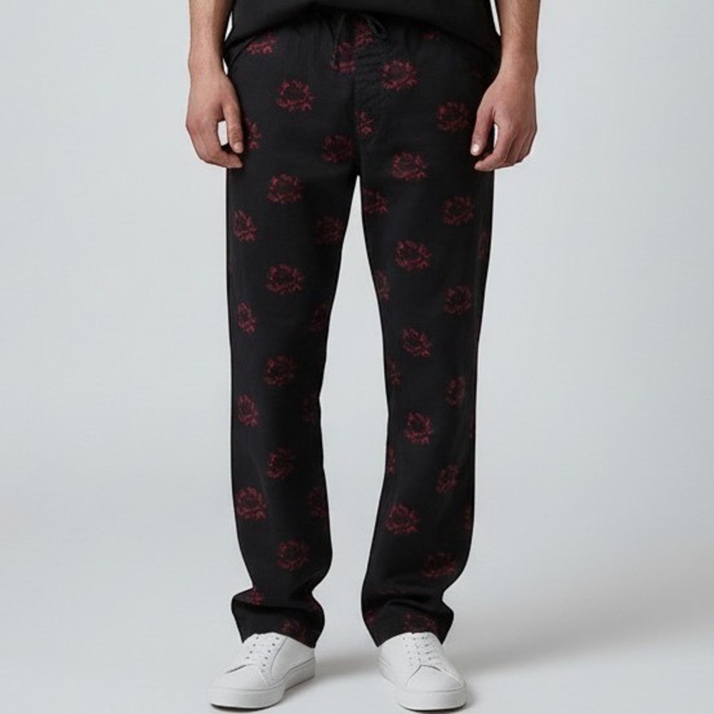 Vans Range Elastic Pants Mens Medium Black Red Rose Floral Relaxed Fit SS22